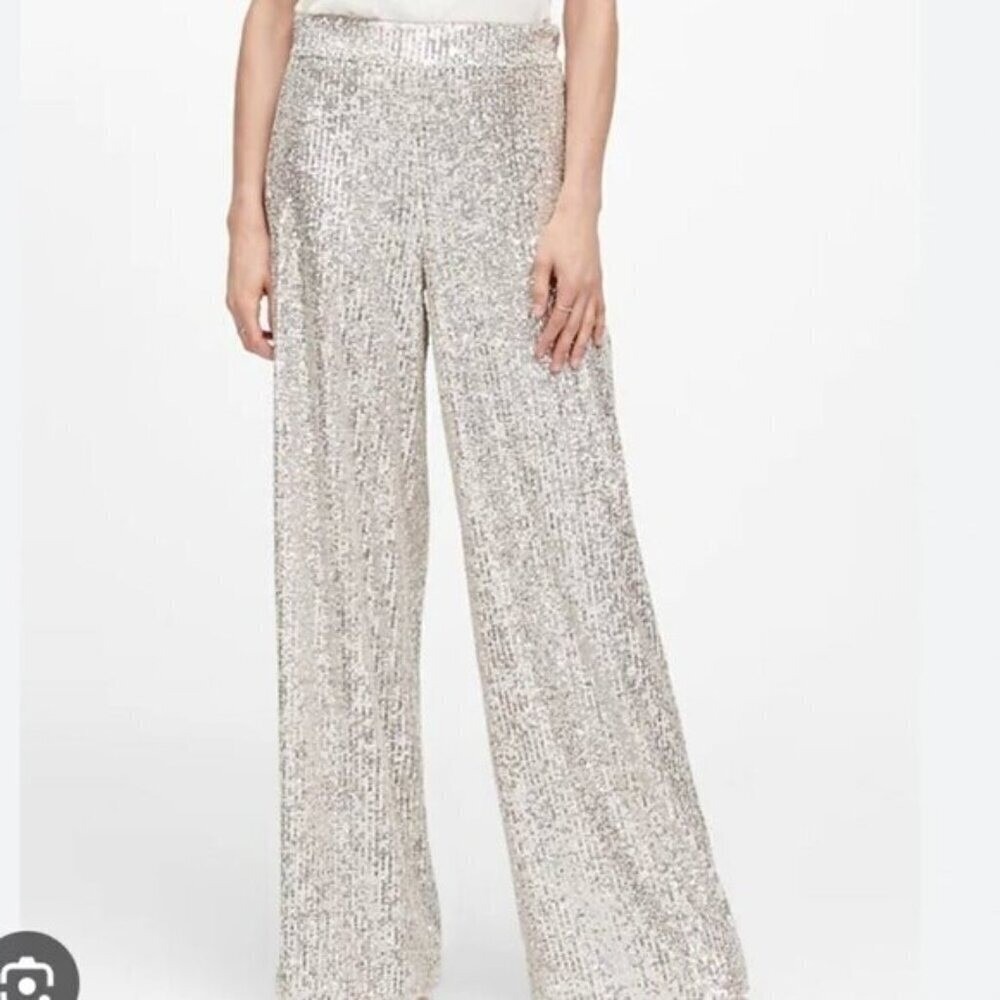 Banana Republic Silver Sequin Wide Leg Pants Elastic Waist Holiday NWT L